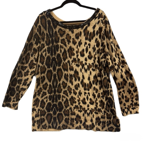 INC International Concepts Sweaters - I.N.C. Leopard-Print Boat-Neck Sweater Beaded Neckline | Size 3X